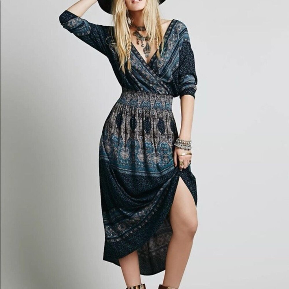 Free People Reversible Boho Maxi Dress With Deep V-Neck 3/4 Sleeves & Elastic Wa